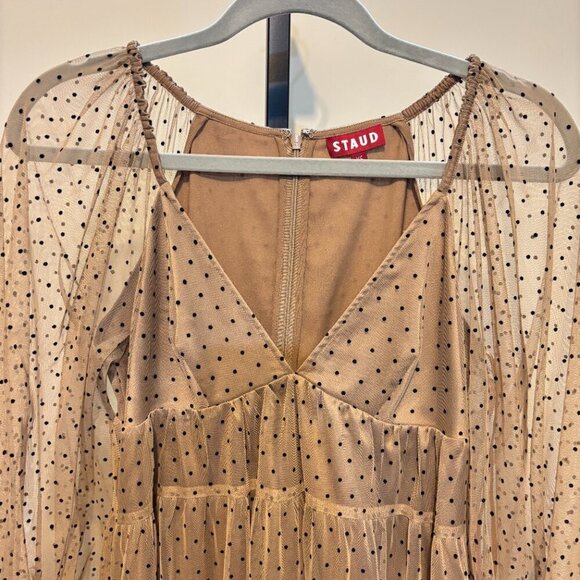 Staud Meadow Puff Sleeve Tan Black Polka Dot V Neck Tiered Dress - Picture 7 of 14
